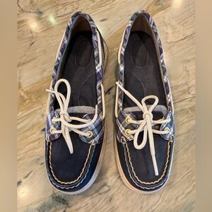 Sperry Top-Sider Women’s Plaid Boat Shoes – Navy Blue Canvas Loafers Size 7.5